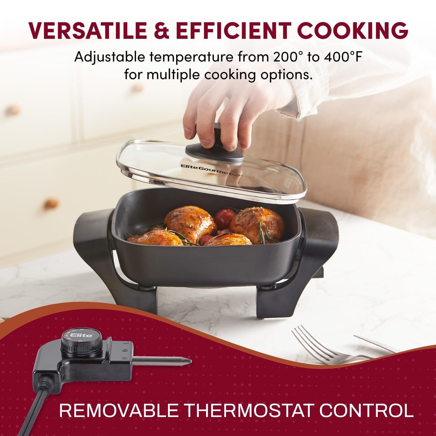 Elite Gourmet EG808 8” x 8" Non-stick Electric Skillet, Dishwasher Safe with Tempered Glass Vented Lid, Rapid Heat Up, 600W, Black