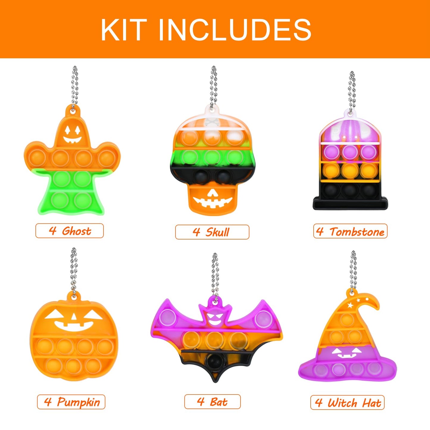 Halloween Party Favors - Halloween Toys - 24 Mini Pop Bubbles Bulk with Keychain for Kids Boys Girls - Pop Its Boo Basket Goodie Bag Stuffers Treats Stress Sensory Fidget Prizes for School Classroom