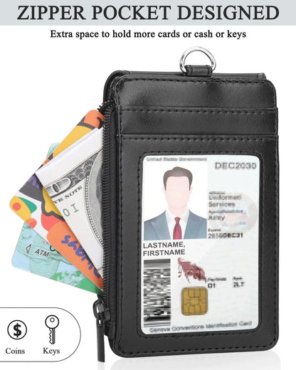 Teskyer ID Badge Holder with Lanyard, 1 Zip Pocket and 4 Card Slots, Lanyard ID Card Holder Wallet for Office School Work Badges, Cruise Ship Cards, Hotel Key Cards, Pass Cards - Black
