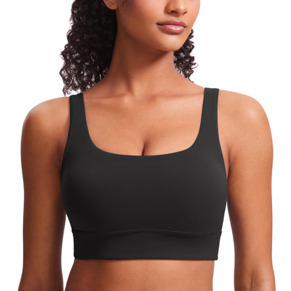 CRZ YOGA Butterluxe Womens U Back Sports Bra - Scoop Neck Padded Low Impact Yoga Clothes Workout Crop Top with Built in Pads Black Small
