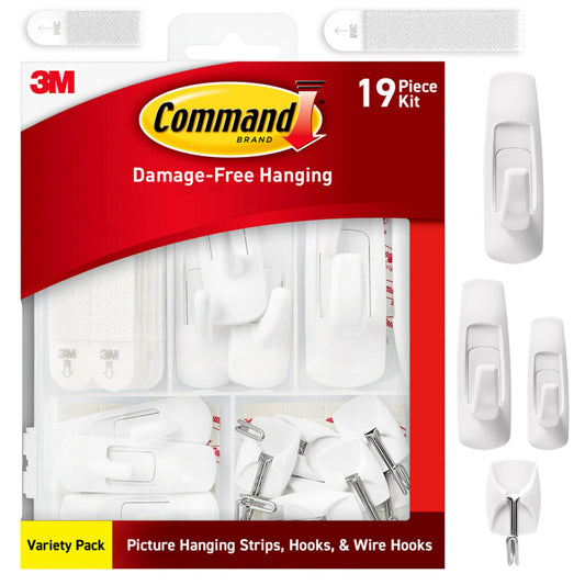 Command Variety Pack, Including 10 Pairs of Picture Hanging Strips, 6 Wire Hooks and 8 Utility Hooks for Hanging, Organization and Storage, Damage-Free Hanging Up to 19 Items, 1 Kit