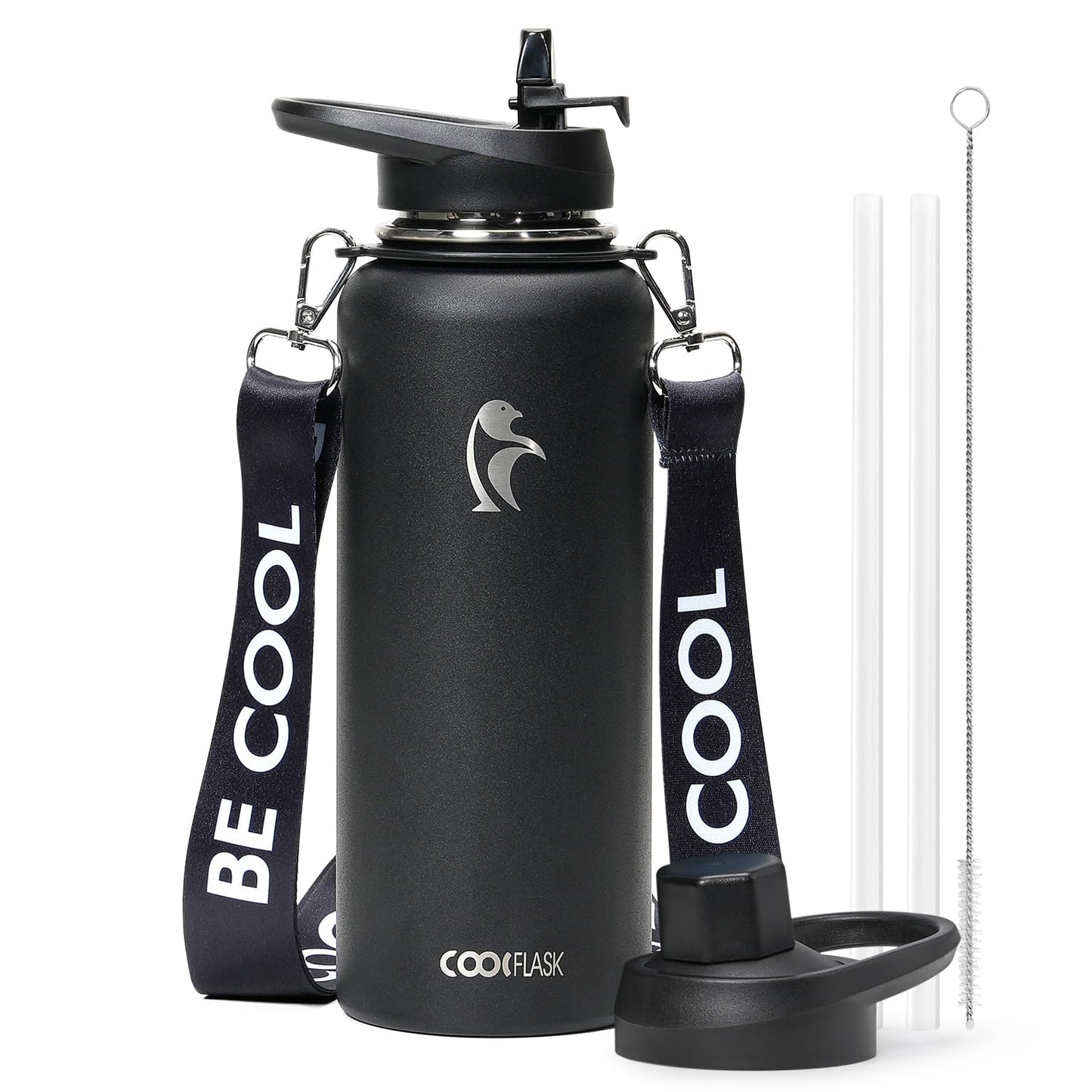 Coolflask 40 oz Water Bottle with Strap, Insulated Metal Water Flask with Straw & Spout Lids, Stainless Steel Double Wall Vacuum, Keep Cold 48h Hot 24h, Leak Proof & Non-BPA, Magic Black