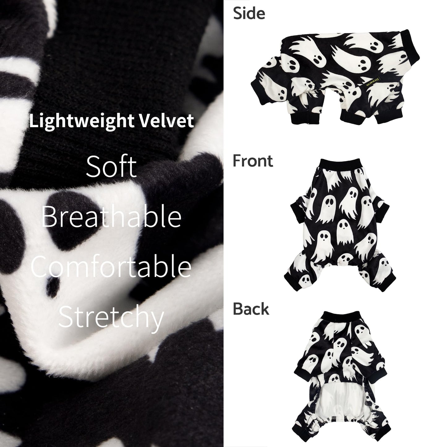 Fitwarm Halloween Ghost Dog Pajamas, Funny Halloween Costumes for Dogs, Fleece Dog Onesie with Feet, Doggy Clothes for Small Dogs Boy Girl, Pet Apparel, Black, White, Medium