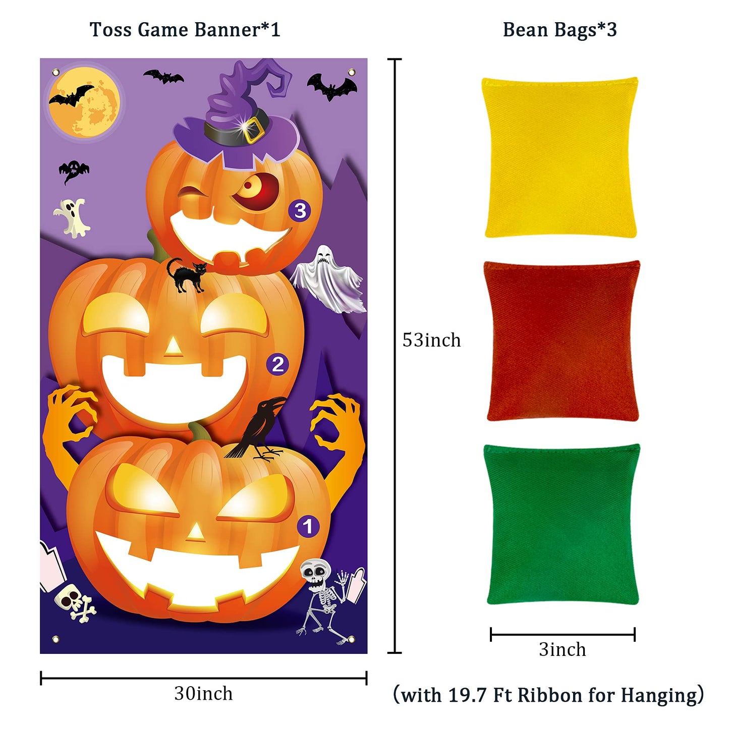 Eunvabir Halloween Party Games for Kids 30'' X 55'', Bean Bag Toss with 3 Bean Bags and Pumpkin Banner, Halloween Carnival Games Teen Adults Indoor Outdoor Fall Festival Carnival Party Decorations