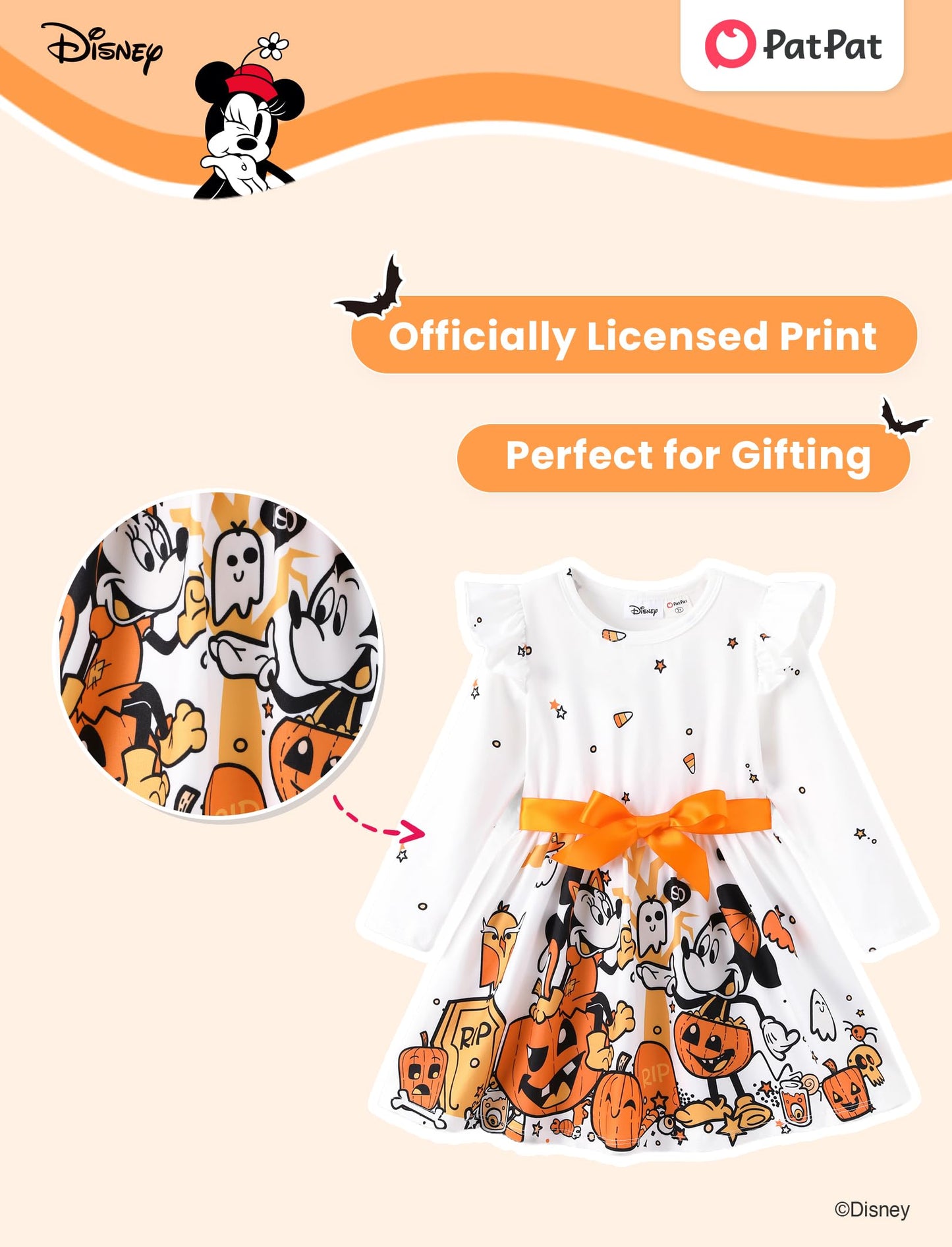 Disney Mickey Minnie Mouse Toddler Dress Girls A-Line Ruffle Long Sleeve Halloween Pumpkin Clothes Cute Kids Outfit Gift Party Costume Sizes 4-5T