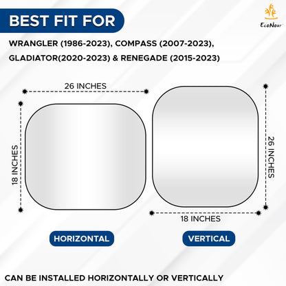 EcoNour 2-Piece Windshield Sun Shade for Jeep, Offers Complete Automotive Sun Protection, Foldable Jeep Windshield Shade Suits Wrangler, Compass, Gladiator & Renegade, (X-Small 18 in x 26 in)