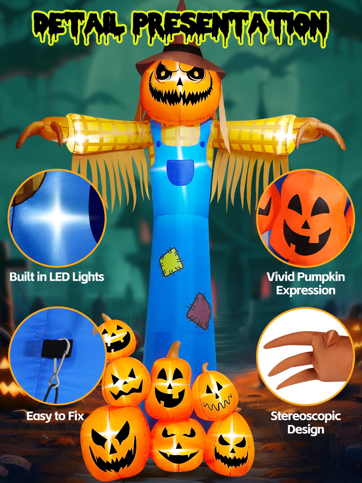 12.5FT Giant Pumpkin Head Halloween Inflatable with Built-in LED Lights and Sound Blow Up Halloween Yard Decorations Lawn Party Indoor Outdoor