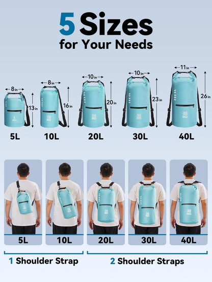 HEETA Waterproof Dry Bag with Front Zippered Pocket for Women Men, 5L/10L/20L/30L/40L Roll Top Lightweight Dry Storage Bag Backpack for Travel, Kayaking, Boating, Rafting, Camping, Beach (Blue, 5L)