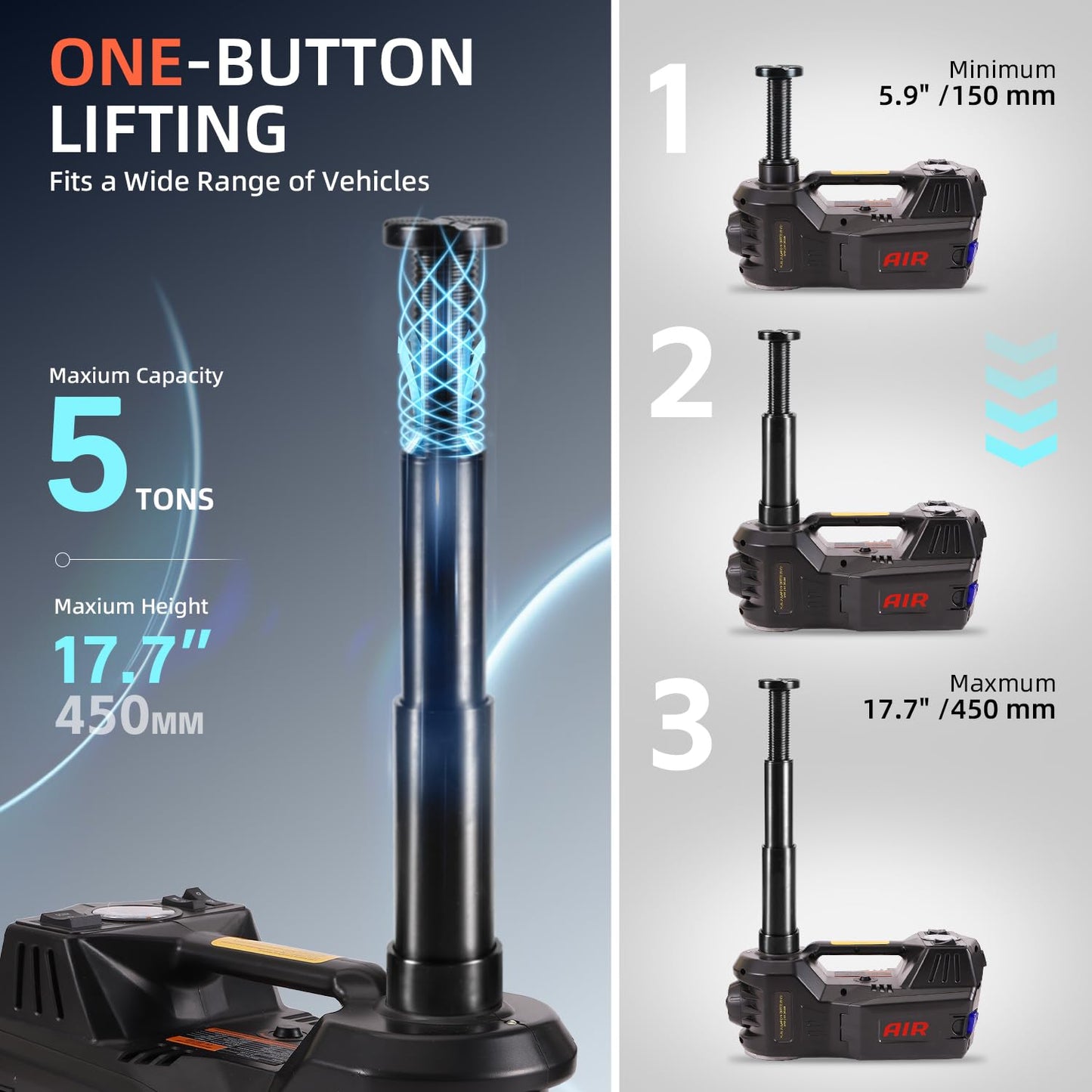 FEANISIFEI Electric Car Jack 5 Ton 12V Floor Jack with Inflator Pump Portable Hydraulic Jack Vehicle Lift for Car SUV Sedan MPV Tire Change with Led Light