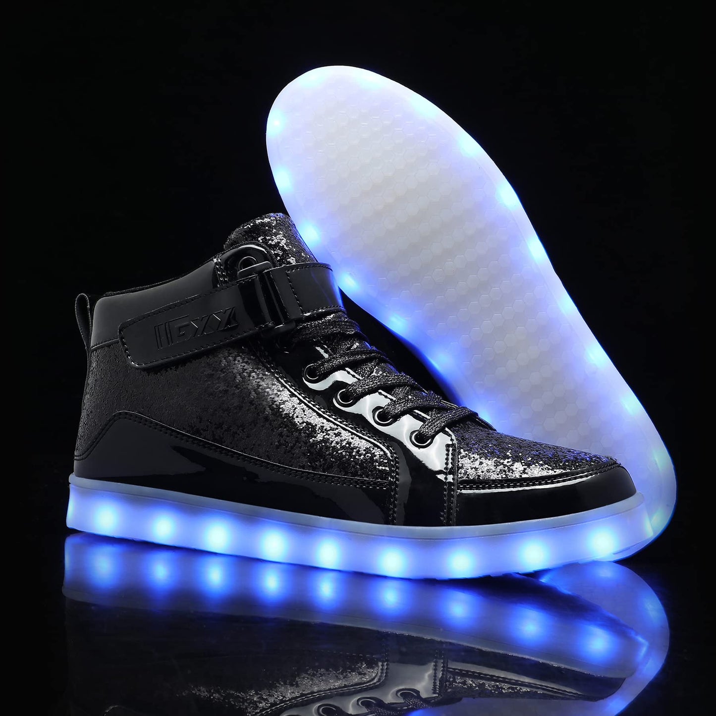 IGxx LED Light Up Shoes for Men USB Recharging High Top Sneakers Women Kids Glitter Black 12