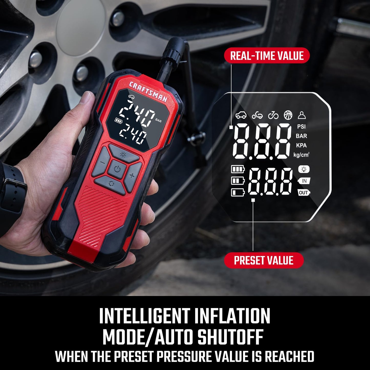 CRAFTSMAN Tire Inflator Portable Air Compressor, Cordless Mini Air Pump for Car Tires with Digital Tire Pressure Gauge, 6000mAh Battery Powered Air Pump, Max Pressure 150 PSI, 12V DC Corded