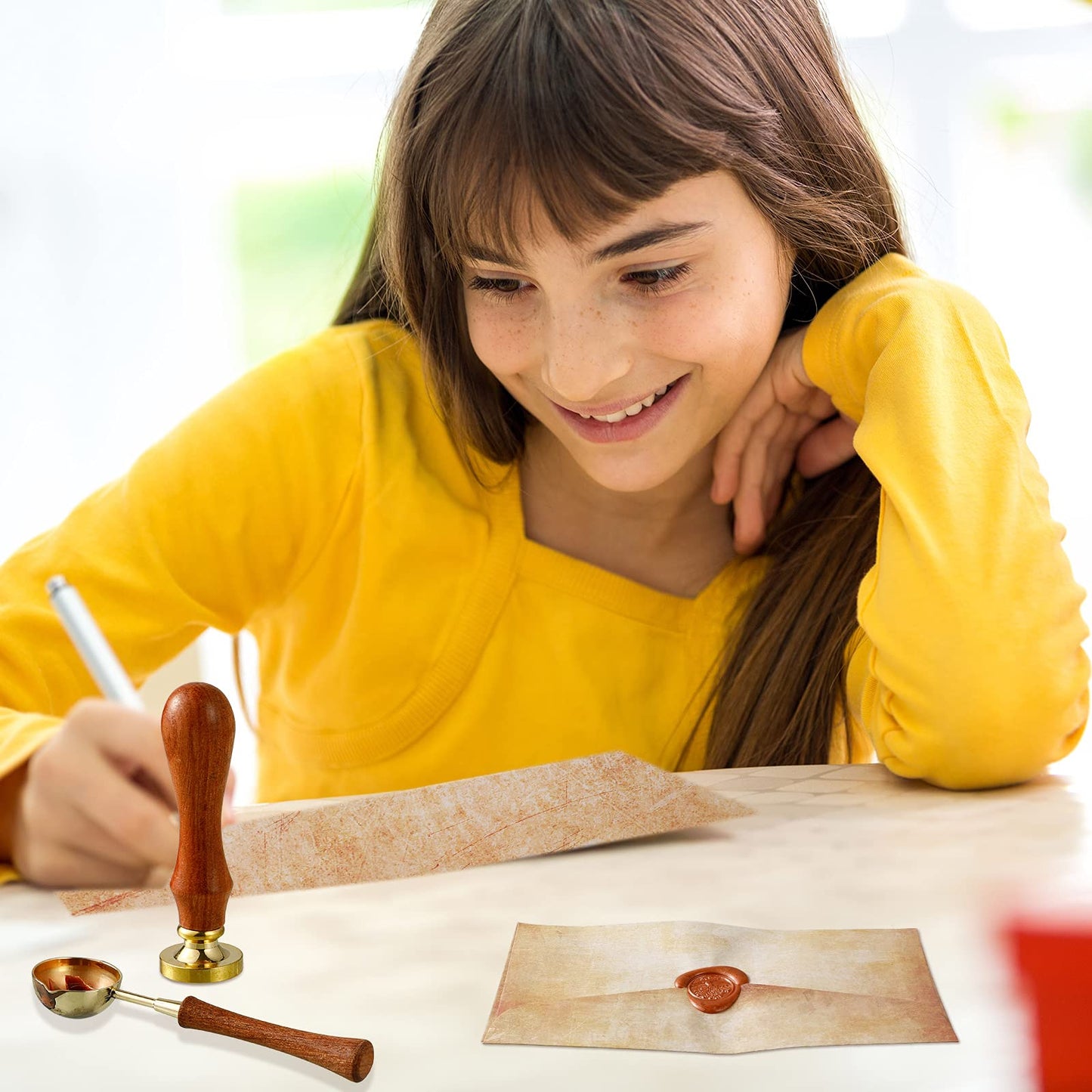 33 Pieces Vintage Paper and Envelopes Set, Including 12 Writing Stationery Paper Letter 12 Envelopes Sealing 6 Wax Sticks Seal Stamp Tea Candles and Wax Spoon for Stamp