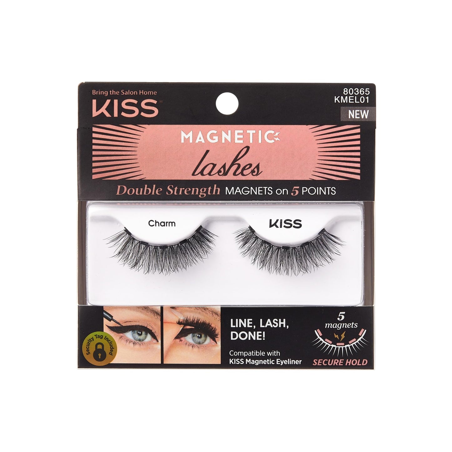 KISS Magnetic Lashes, Charm, 1 Pair of Synthetic False Eyelashes With 5 Double Strength Magnets, Wind Resistant, Dermatologist Tested Fake Lashes Last Up To 16 Hours, Reusable Up To 15 Times, Black