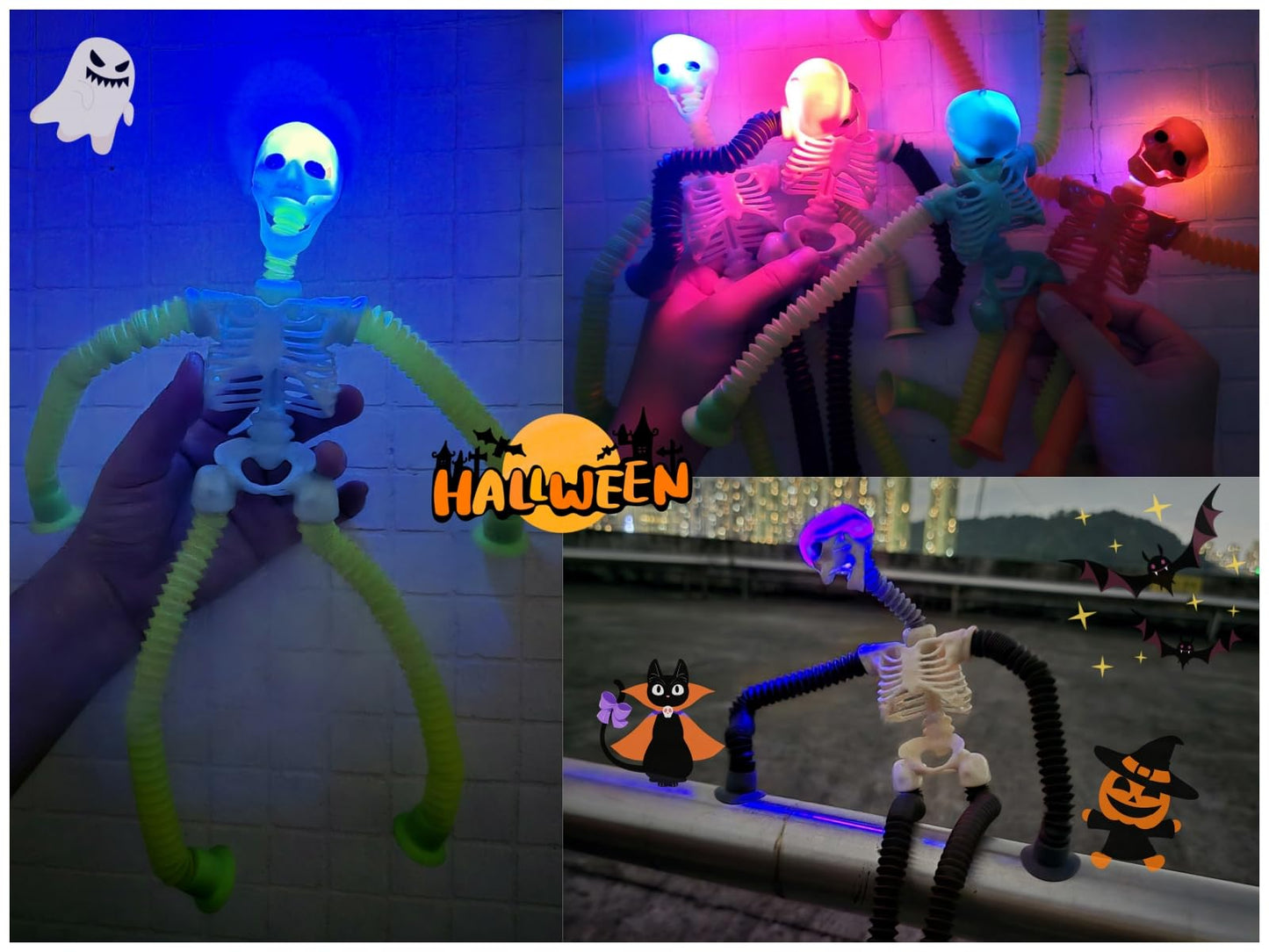 Halloween LED Skeleton Pop Tubes Light Up 4 Pcs Halloween Sensory Fidget Toys, Telescopic Suction Cup Autism ADHD Halloween Party Favors Goodie Bags Basket Stuffers Trick or Treat Toys for Kids 3+