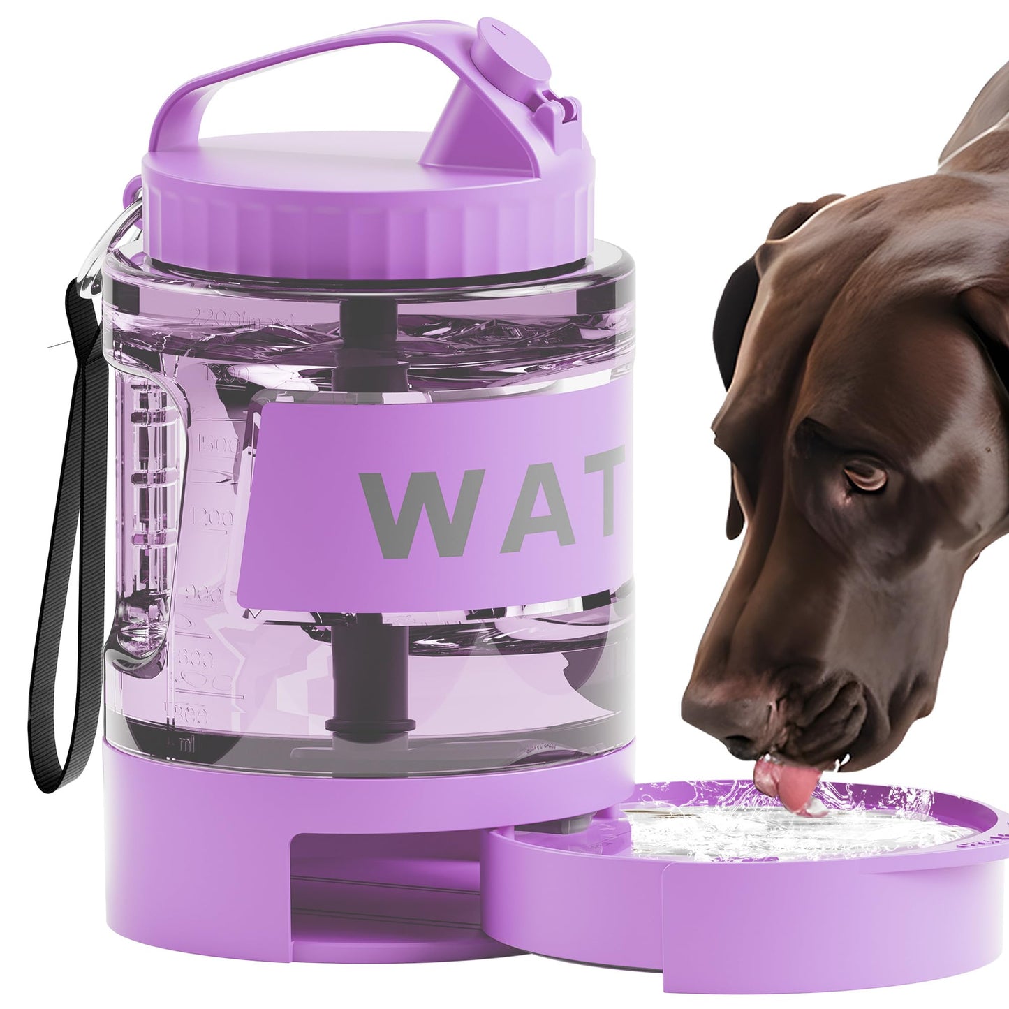 77oz Dog Water Bottle with Dispenser Bowl, 2200ml Capacity, Purple, Portable Pet Travel Bottle with Strap