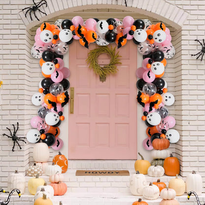 100Pcs Girls Halloween Balloons Arch Garland Kit, Pink Black Orange Halloween Balloons Arch Skull Balloons Bats Stickers for Halloween Theme Baby Shower Birthday Halloween Spooky Party Decorations