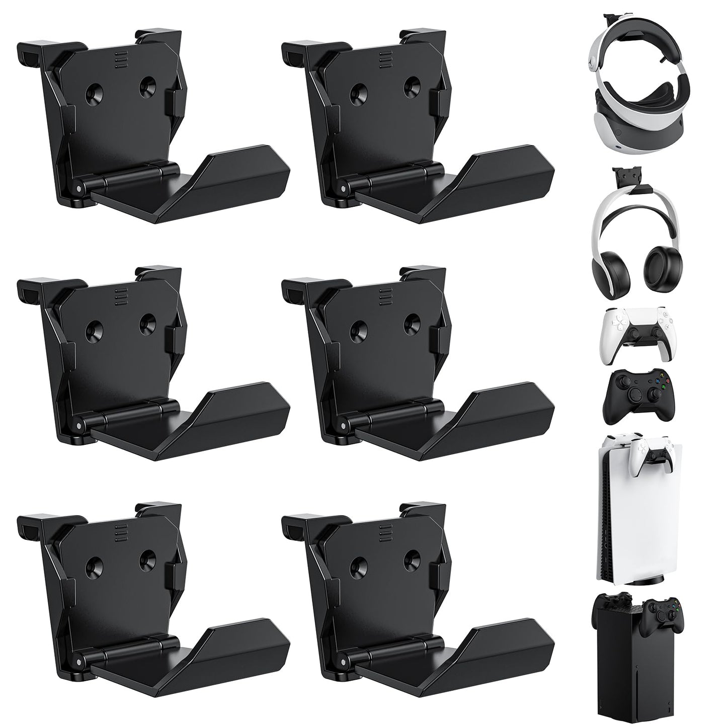 KUNSLUCK 6 Pack Controller Wall Mount – Universal Game Controller Holder for PS5, Xbox, Switch – Adhesive or Screw Installation – Headset & Controller Storage Hook (Black)
