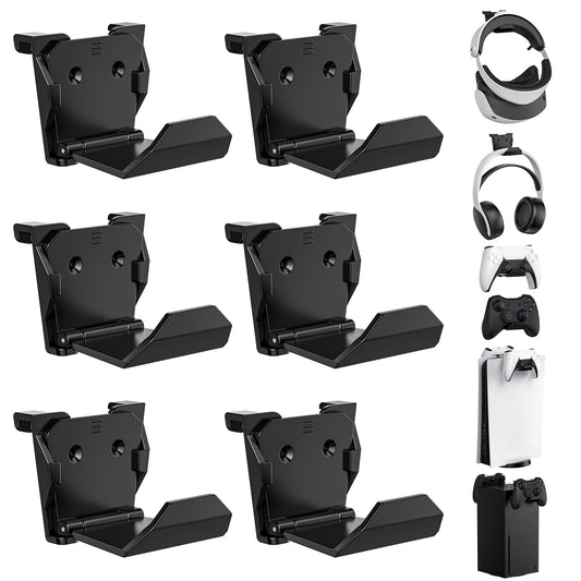 KUNSLUCK 6 Pack Controller Wall Mount – Universal Game Controller Holder for PS5, Xbox, Switch – Adhesive or Screw Installation – Headset & Controller Storage Hook (Black)