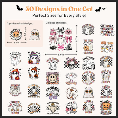 Kaciola 30 Sheets Ghost Iron on Transfers, Halloween DTF Transfers Ready to Press Washable Stickers Iron on Decals for T Shirts Hoodie DIY Crafts