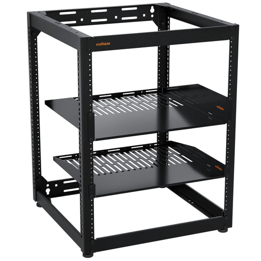 ECHOGEAR 15U Open Frame Rack for Servers & AV Gear - Wall Mountable Design Includes 2X Vented Shelves, 25x Rack Mounting Screws, 4X Leveling Feet, 4X Shelf Stops, & 2X Securement Straps