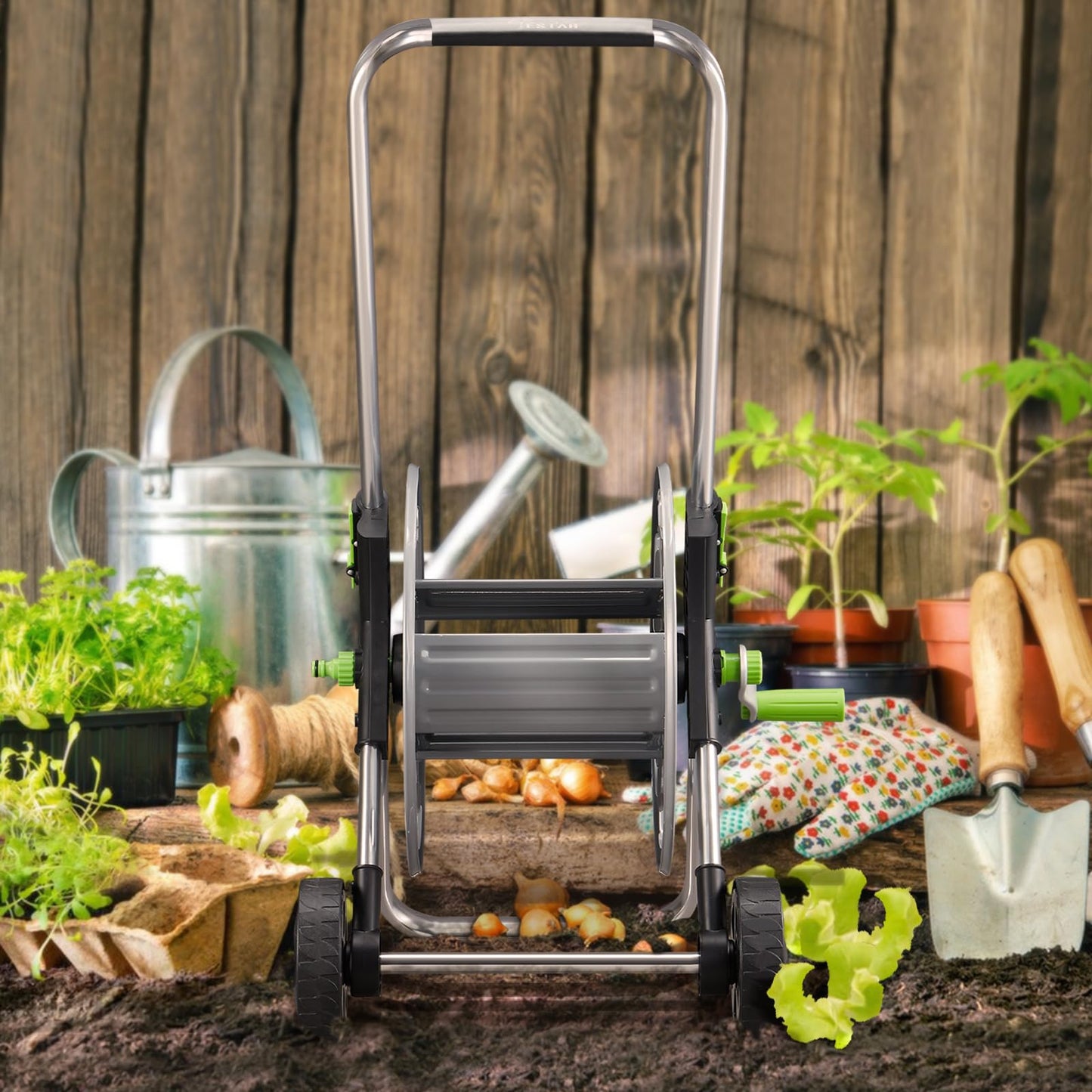 Garden Hose Reel Cart, Holds 75-150 Feet of 5/8-Inch Hose, Portable Hose Reel Cart With Wheels,Adjustable Handrail, Quick Hose Connector