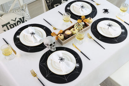 Feuille Round Halloween Placemats Set of 4 13.5 Inch Spider Web Placemats for Round Tables Black and White Spider Placemats Perfect for Halloween Decorations Indoor
