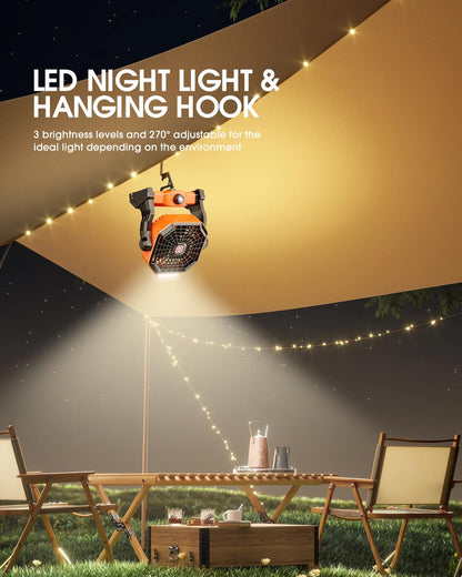 20000mAh Solar Fan, Camping Fan with Solar Panel, 7W 9-Inch Rechargeable Battery Operated Fans for Outside, LED Lantern, Stepless Speed and Quiet Battery Powered Solar Tent Fans for Outdoor, Barbecue