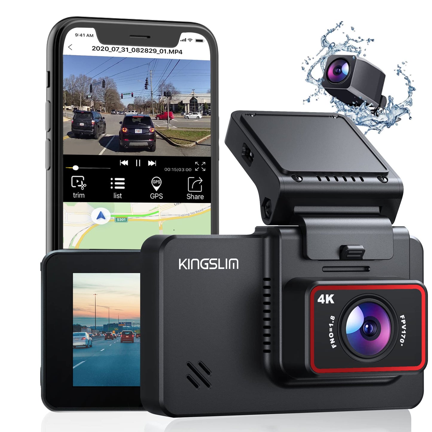 Kingslim D4 Dual Dash Cam with Built-in WiFi GPS, Front 4K/2.5K Rear 1080P for Cars , 3" IPS Touchscreen 170° FOV Dashboard Camera with Sony Starvis Sensor, Support 256GB Max