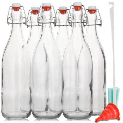 Flip Top Glass Bottle [1 Liter / 33 fl. oz.] [Pack of 6] – Swing Brewing with Stopper for Beverages, Oil, Vinegar, Kombucha, Beer, Water, Soda, Kefir Airtight Lid & Leak Proof Cap Clear