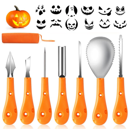 Greatever Halloween Pumpkin Carving Kit,Professional and Heavy Duty Stainless Steel Tools,Pumpkin Carving Set with12 Pumpkin Stencils Carrying Case(7pcs)
