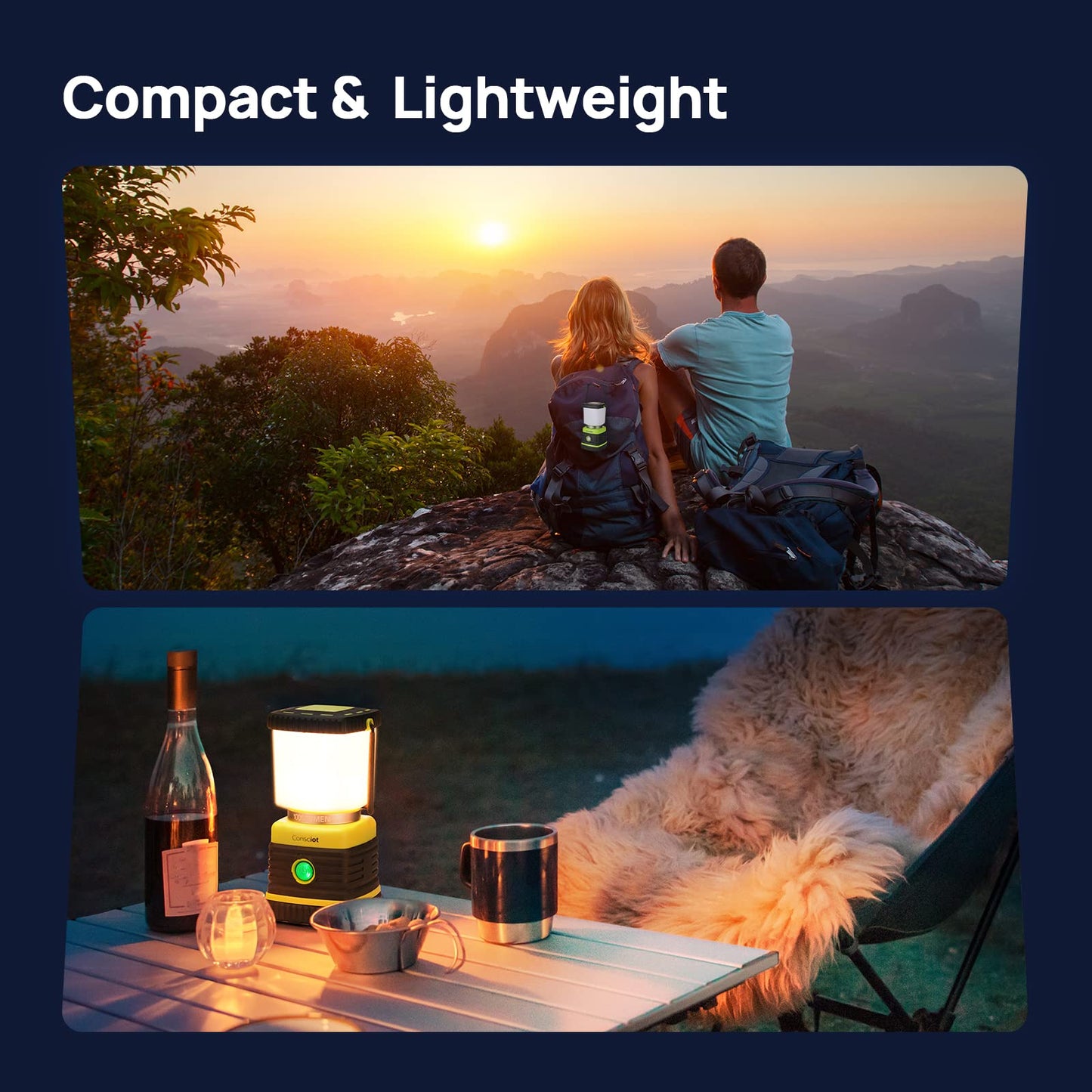 LED Camping Lantern, Consciot Battery Powered Camping Lights, 1000LM, 4 Light Modes, IPX4 Waterproof Tent Lights, Portable Flashlight for Power Outages, Emergency, Hurricane, Hiking, 2-Pack