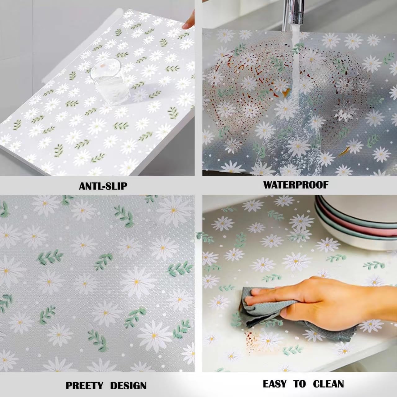Daisy Shelf Liner for Kitchen Cabinets – Non-Adhesive, Non-Slip Drawer & Refrigerator Liner – Waterproof, Washable Cabinet Mat Floral Pattern, Easy to Cut & Install – Fits Pantry, Bathroom, Office