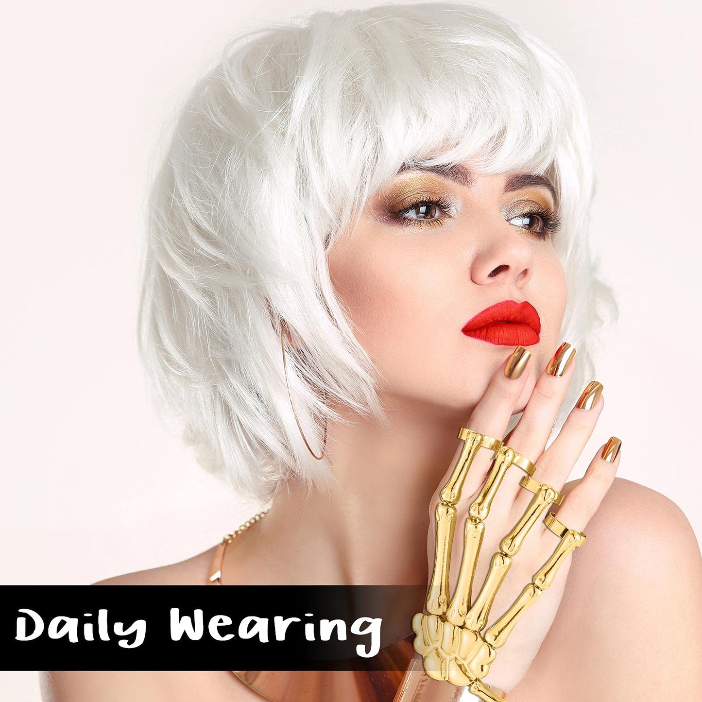 Hicarer 2 Pcs Skeleton Hand Bracelet with Finger Ring Metal Steampunk Skull Gothic Skull Bracelet Adjustable Skeleton Hand Jewelry Finger Wristband for Men Women Halloween Cosplay