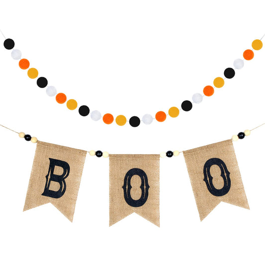 2 Pcs Pre Strung Happy Halloween Banners Rustic Burlap Boo Banners with Felt Ball Pom Pom Garland for Halloween Decorations Indoor Fireplace Mantle Walls Decor