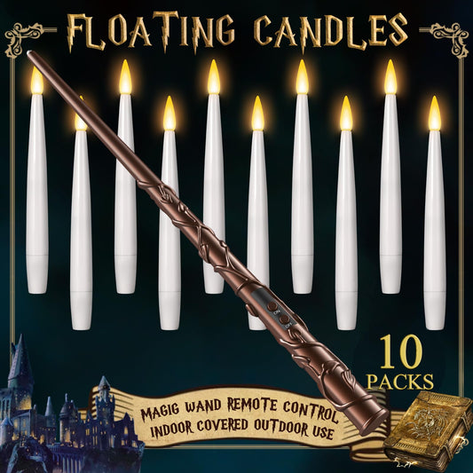 Floating Candles with Wand 10PCs - Magic Hanging Candles Halloween Decorations Flameless Taper Candles with Remote, Floating Lights Gifts for Window Home Bedroom Wedding Birthday Party Indoor Decor