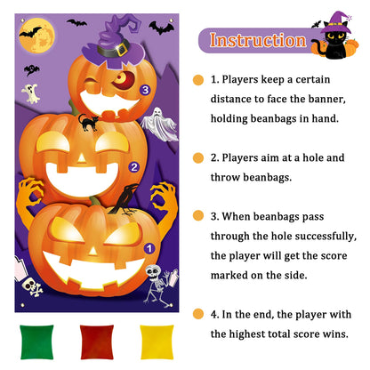 Eunvabir Halloween Party Games for Kids 30'' X 55'', Bean Bag Toss with 3 Bean Bags and Pumpkin Banner, Halloween Carnival Games Teen Adults Indoor Outdoor Fall Festival Carnival Party Decorations