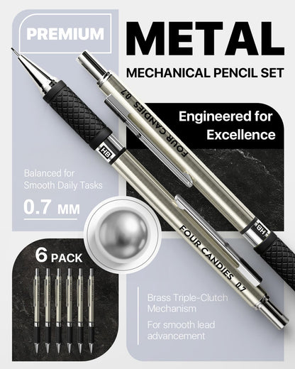 Four Candies Metal Mechanical Pencil Set - 6PCS 0.7mm Art Mechanical Pencils & 360PCS HB Lead Refills & 3PCS Erasers & 9PCS Eraser Refills, Drawing Mechanical Pencils for Writing, Sketching/With Case