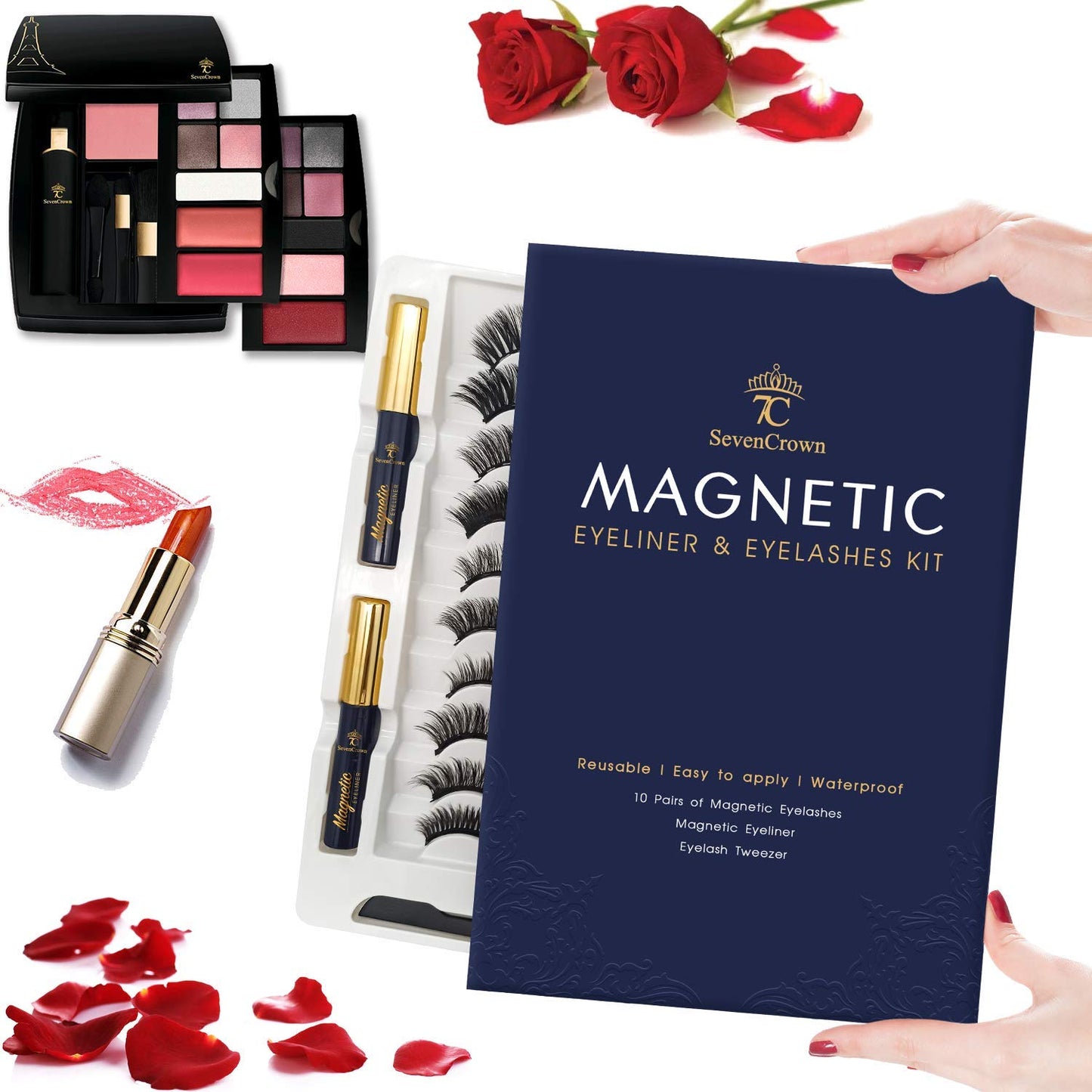 3D Magnetic Eyelashes Natural Look with Eyeliner Kit - 7C SEVENCROWN Magnetic Lashes - Upgraded 4 tubes of Liner - 10 Pairs Reusable False Eyelash Kit with Applicator Easy to Apply.
