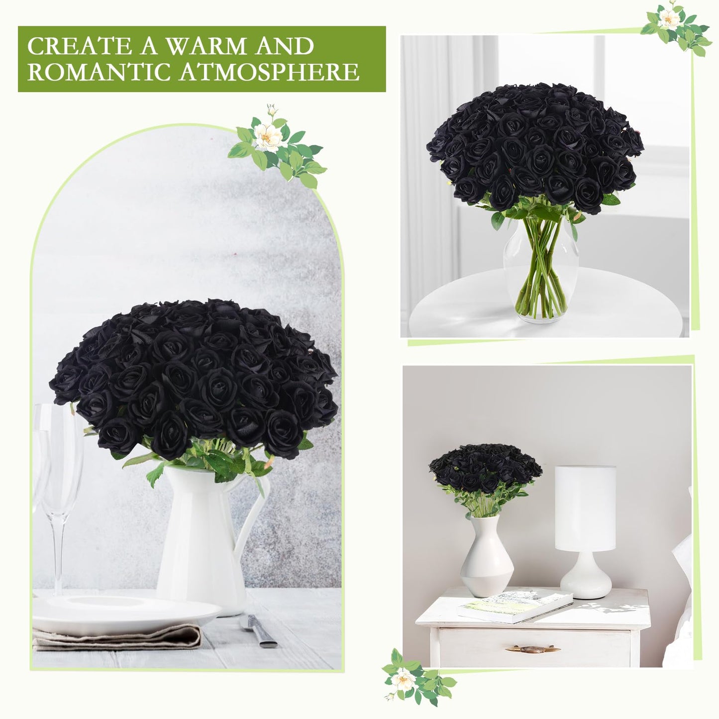 Hananona 50 Pcs Artificial Roses in Bulk, Fake Velvet Silk Roses Realistic Black Roses for Wedding Centerpieces Flower Arrangement Home Decor (50, Black)