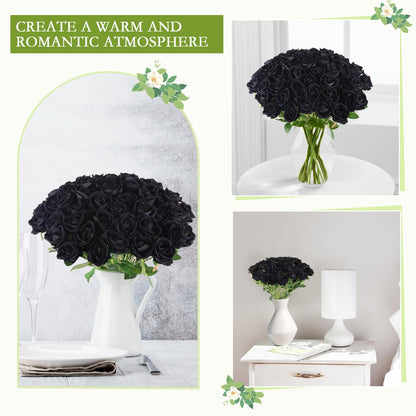 Hananona 50 Pcs Artificial Roses in Bulk, Fake Velvet Silk Roses Realistic Black Roses for Wedding Centerpieces Flower Arrangement Home Decor (50, Black)