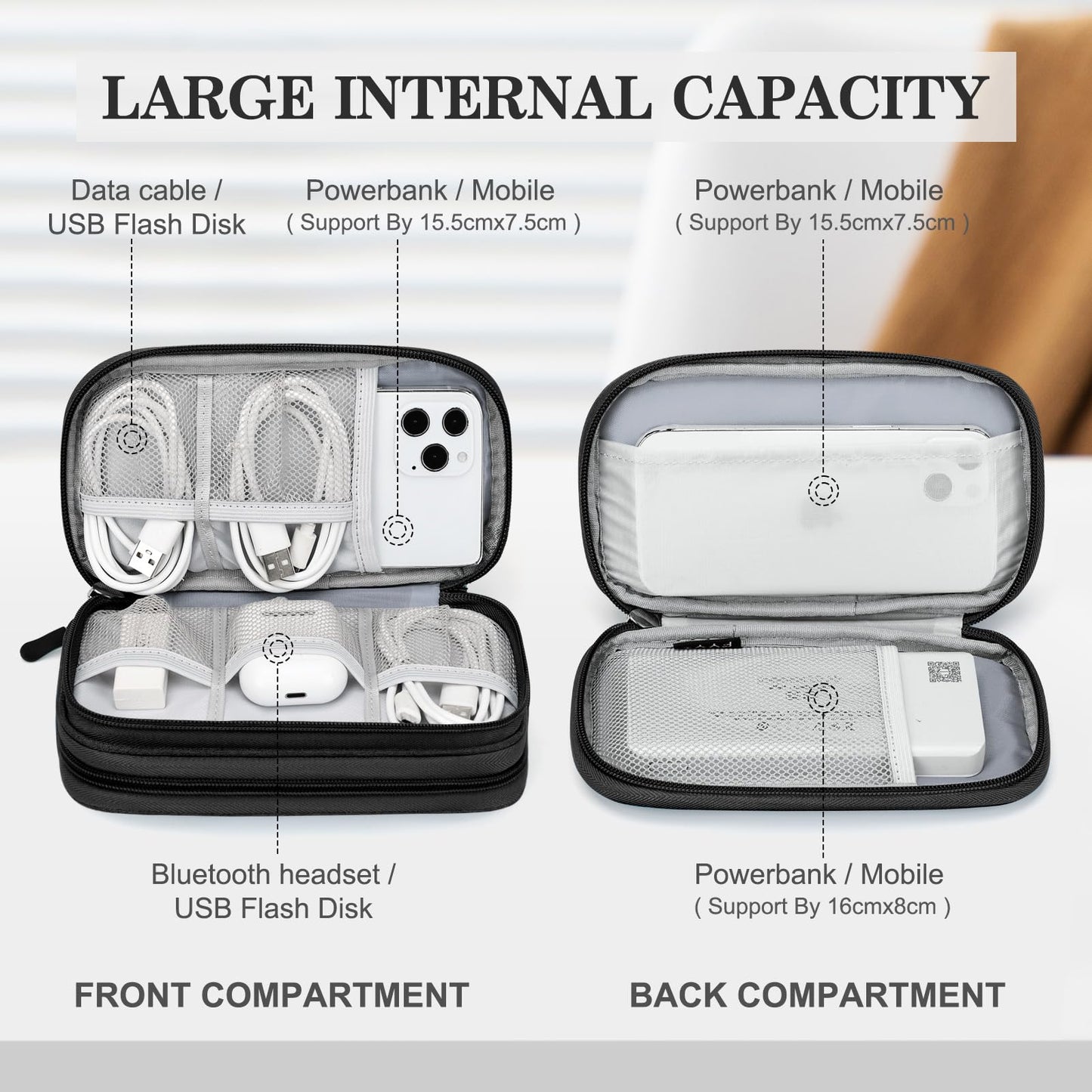 FYY Travel Cable Organizer Pouch Electronic Accessories Carry Case Portable Waterproof Double Layers All-in-One Storage Bag for Cord, Charger, Phone, Earphone Black