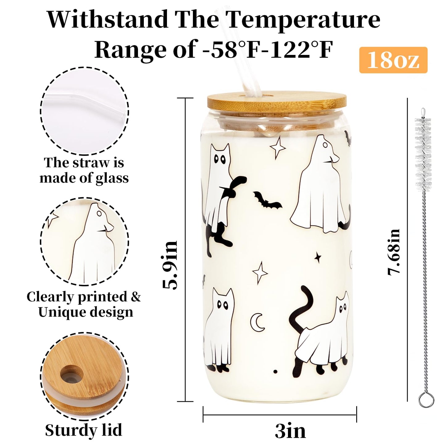 Joyseller Halloween Glass Cup, 18oz Cute Ghost Cat Iced Coffee Can Glass Tumbler with Lid and Straw, Halloween Spooky Gifts for Her Him