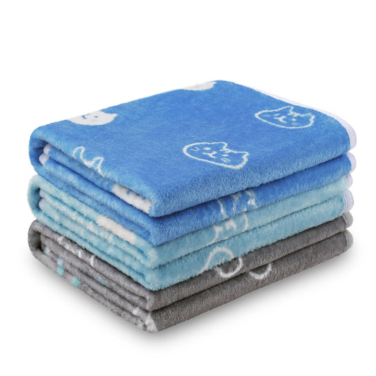 1 Pack 3 Blankets Super Soft Fluffy Premium Cute Cat Pattern Pet Blanket Flannel Throw for Dog Puppy Kitten Blue/Cyan/Grey Medium(30x20 inch)