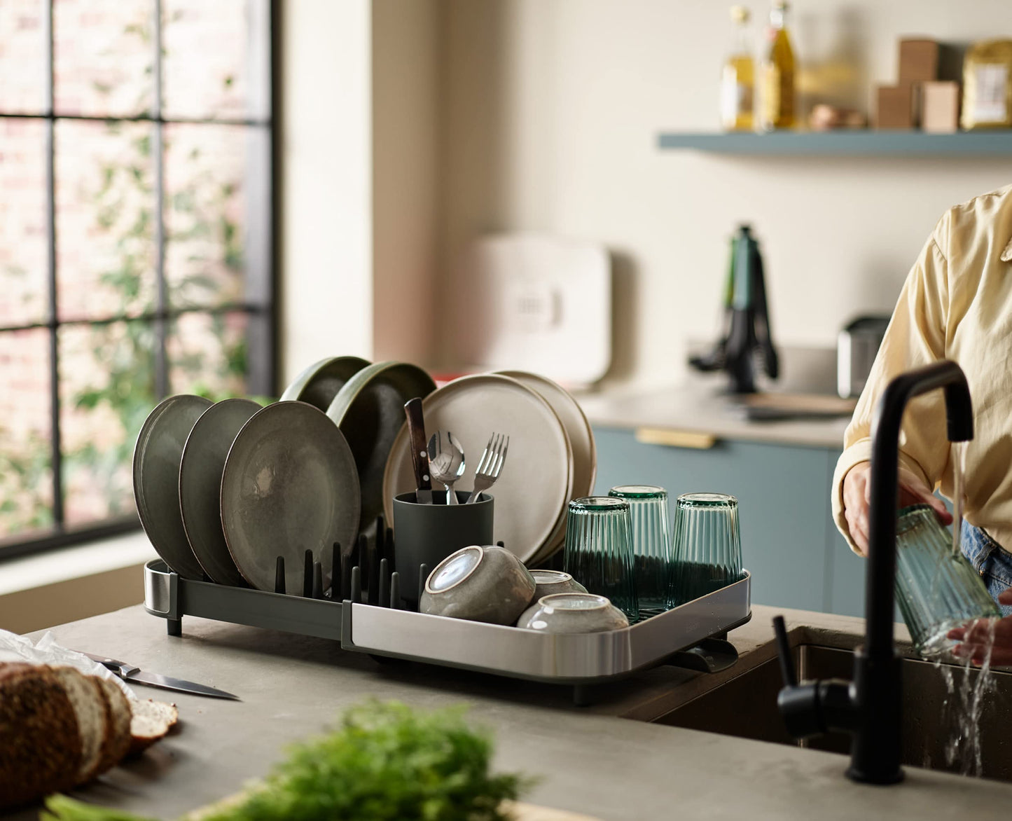 Joseph Joseph Expanding Dish Drying Rack with Removable Silverware Holder, Draining Spout, Stainless-Steel