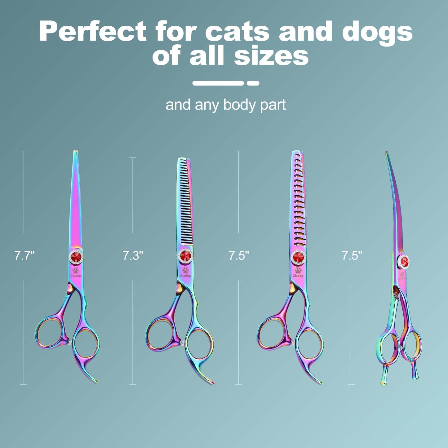GLADOG 7 Inch Professional Dog Grooming Scissors Kit, Titanium Dog Scissors for Grooming, Heavy-Duty Dog Shears for Grooming, 6-in-1 Pet Grooming Scissors for Dogs (Pro Rainbow)