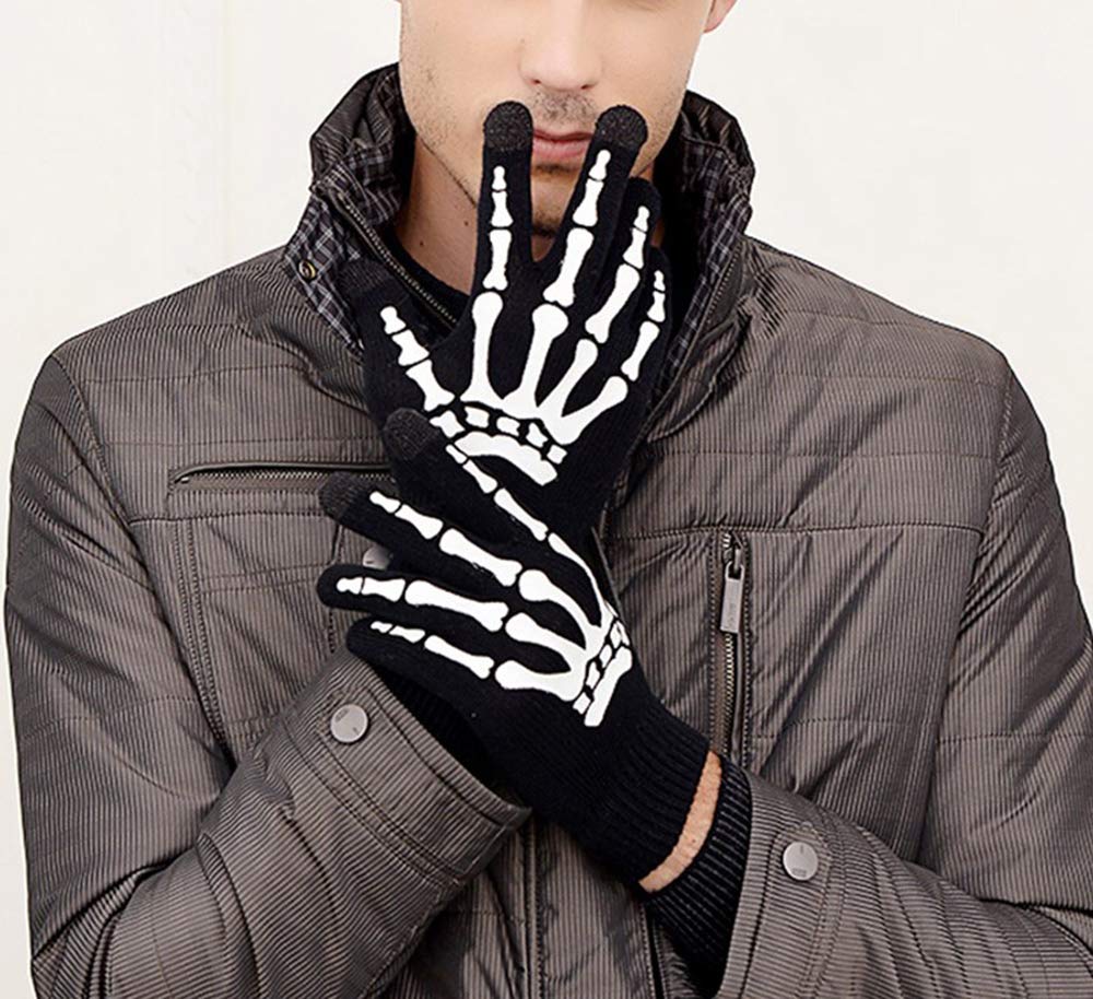 Glovion Skeleton Winter Gloves for Women & Men - Touch Screen Skull Full Finger Gloves for Halloween, Christmas Parties