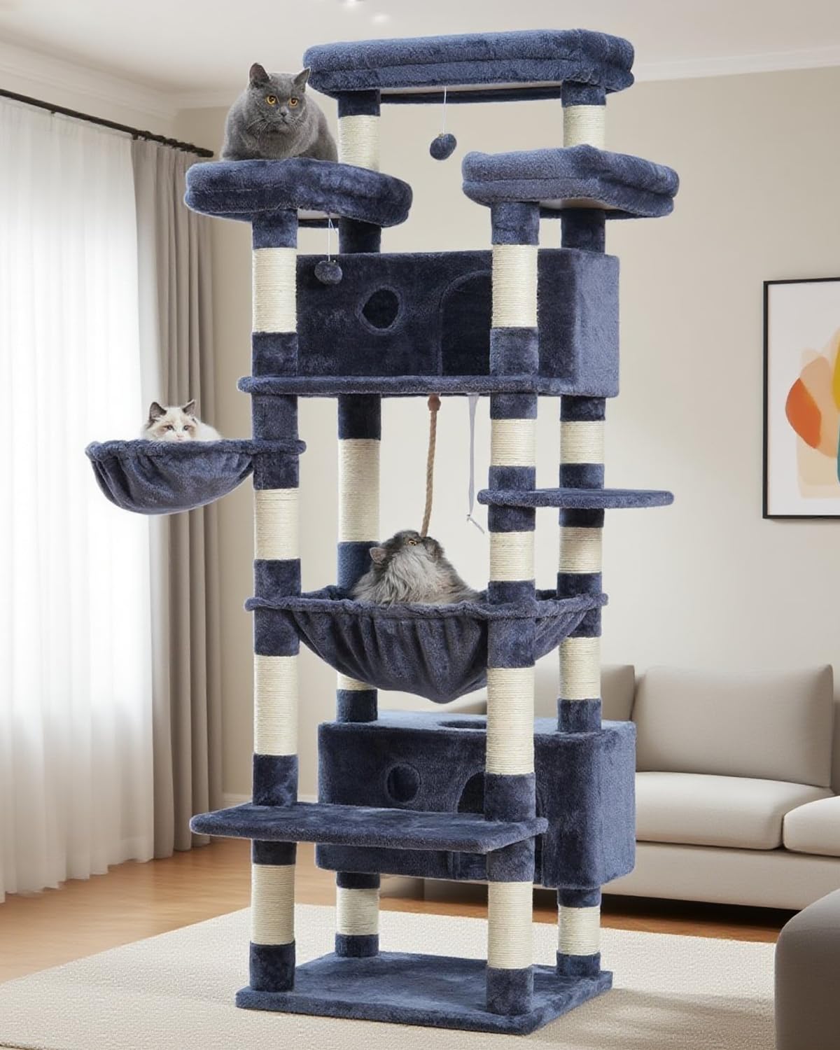 Gitelsnour Cat Tree for Indoor Cats Large Adult, 74" Cat Tower with 3 Big Platforms, 2 Baskets, 2 Condos, Multi-Level Cat Scratching Posts, Smoky Gray GCT030G