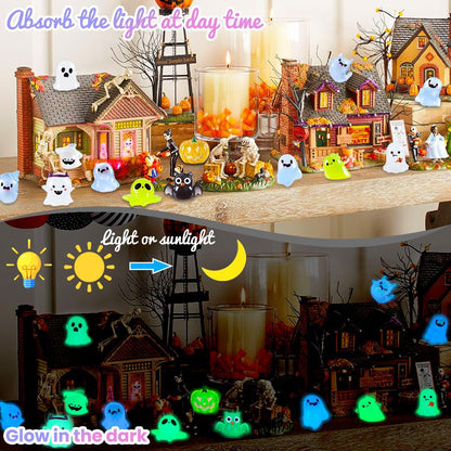 DIYDEC 32PCS Halloween Luminous Mini Figures - 32 Styles Glow in The Dark Tiny Resin Miniatures - Pumpkin Skull for Party Favors, Bag Fillers, Garden, Dollhouse Decor