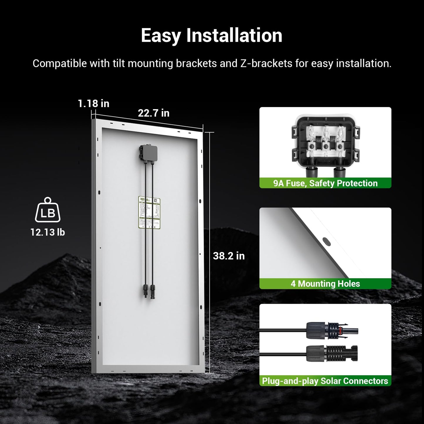 HQST 100 Watt 12V Monocrystalline Solar Panel with Solar Connectors, High Efficiency Module PV Power for Battery Charging Boat, Caravan, RV and Any Other Off Grid Applications