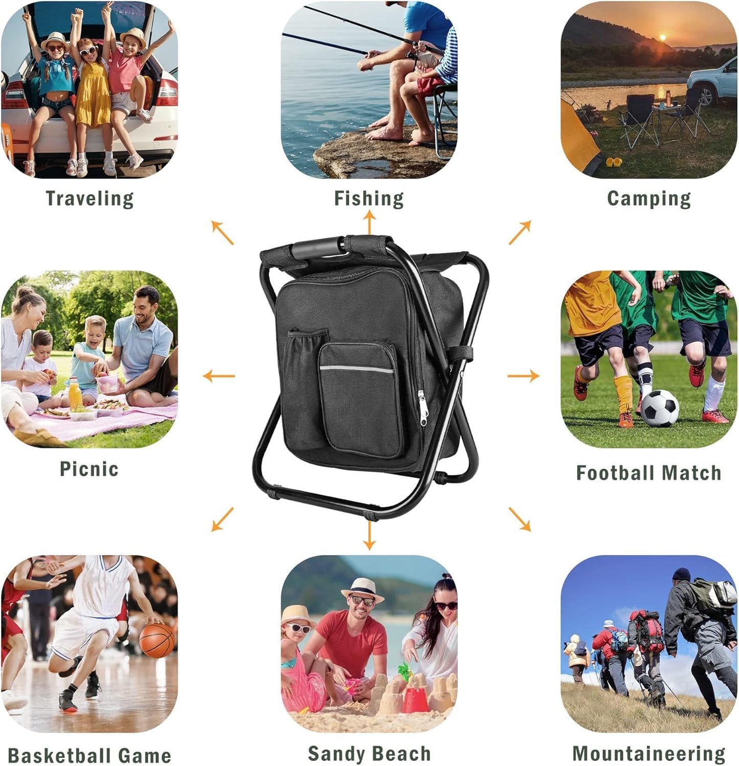 Kikerike Backpack Stool Cooler Chair Heavy Duty 400 LBS Max Load Portable Lightweight Folding Fishing Cooler for Camping Hunting Fishing - Black